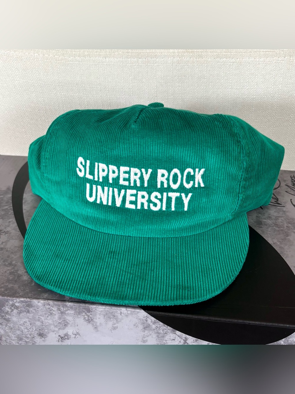 New Deadstock 80s Slippery Rock University Hat Green Corduroy Made In USA